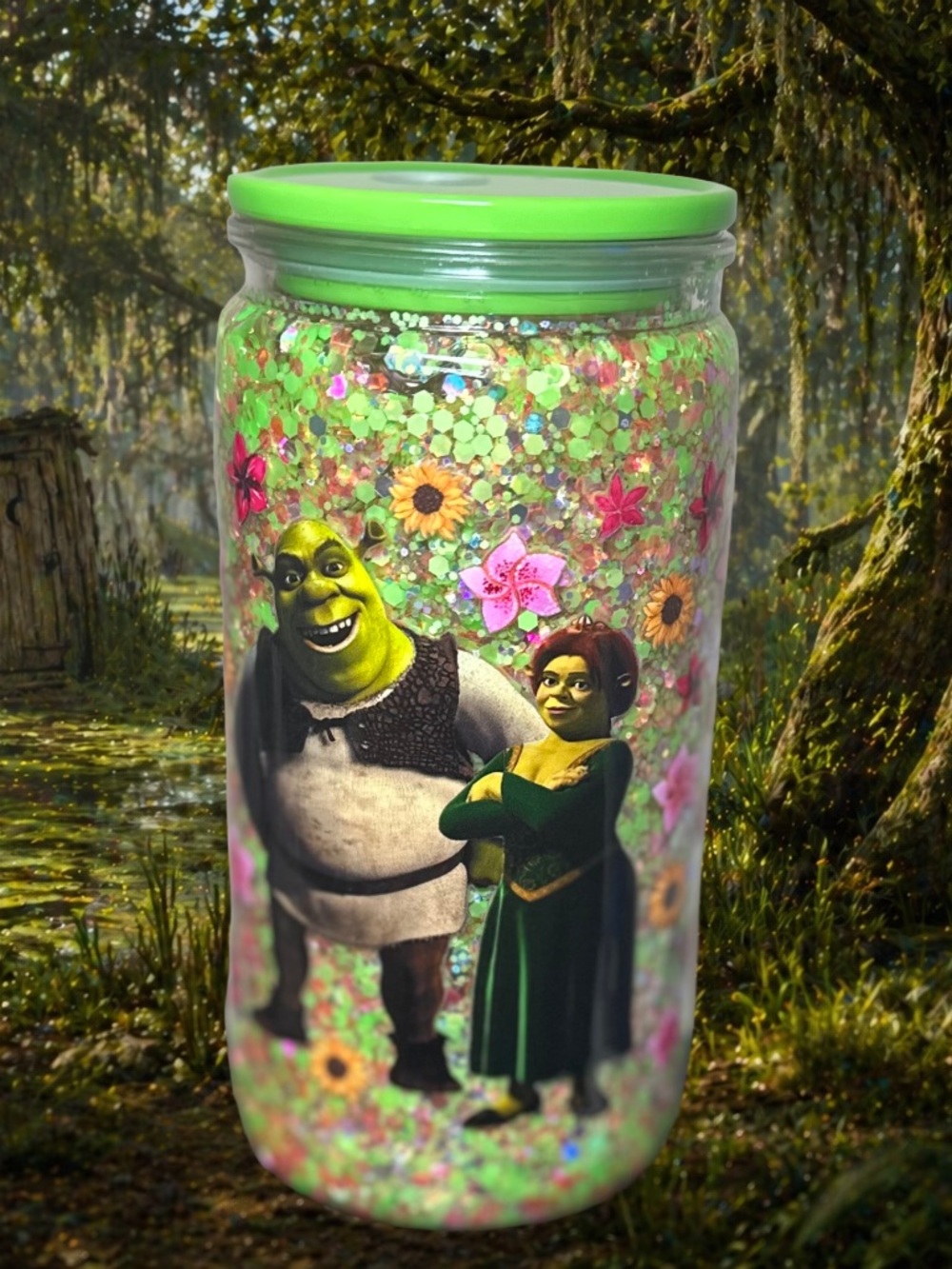 Green Glitter Shrek & Fiona Ceramic Travel Mug - Unbranded
